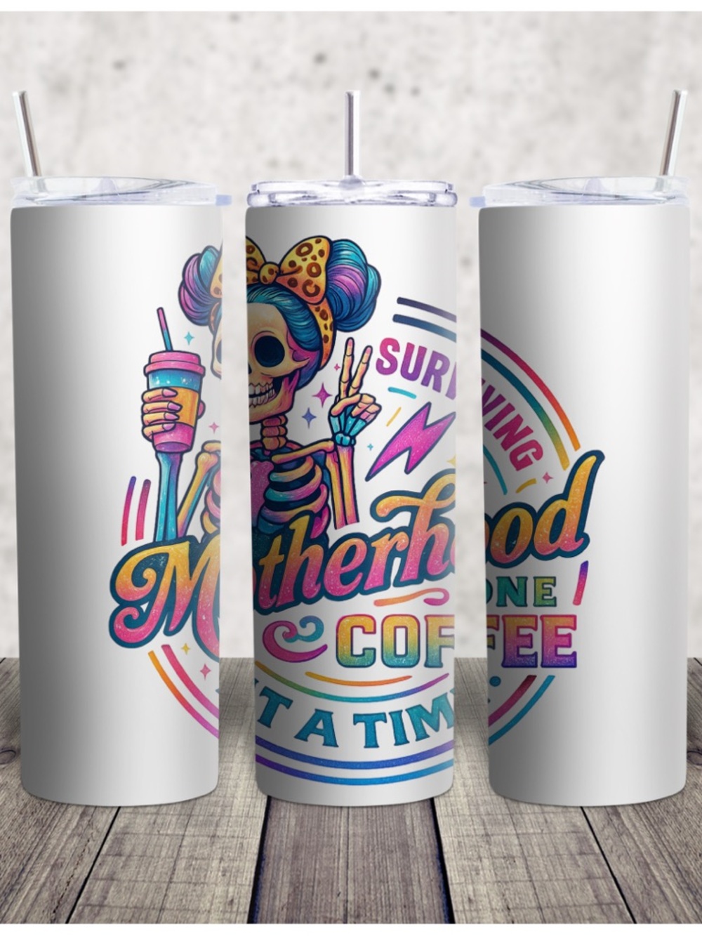 Hand Crafted White Tumbler with Colorful Skeleton Design
